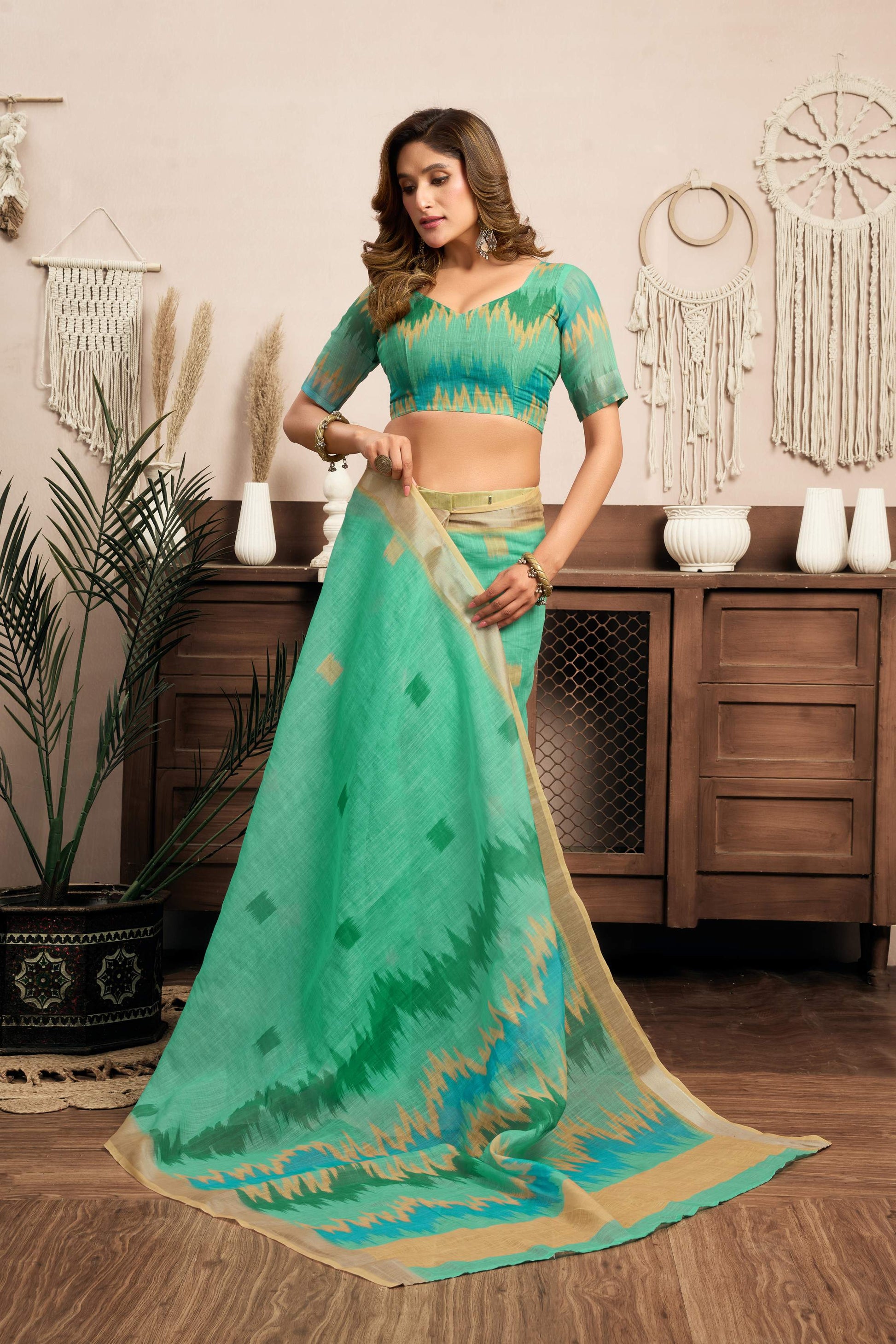 Dwija Fashion Mint Green Party Wear Printed Linen Ready To Wear Saree With Unstitched Blouse