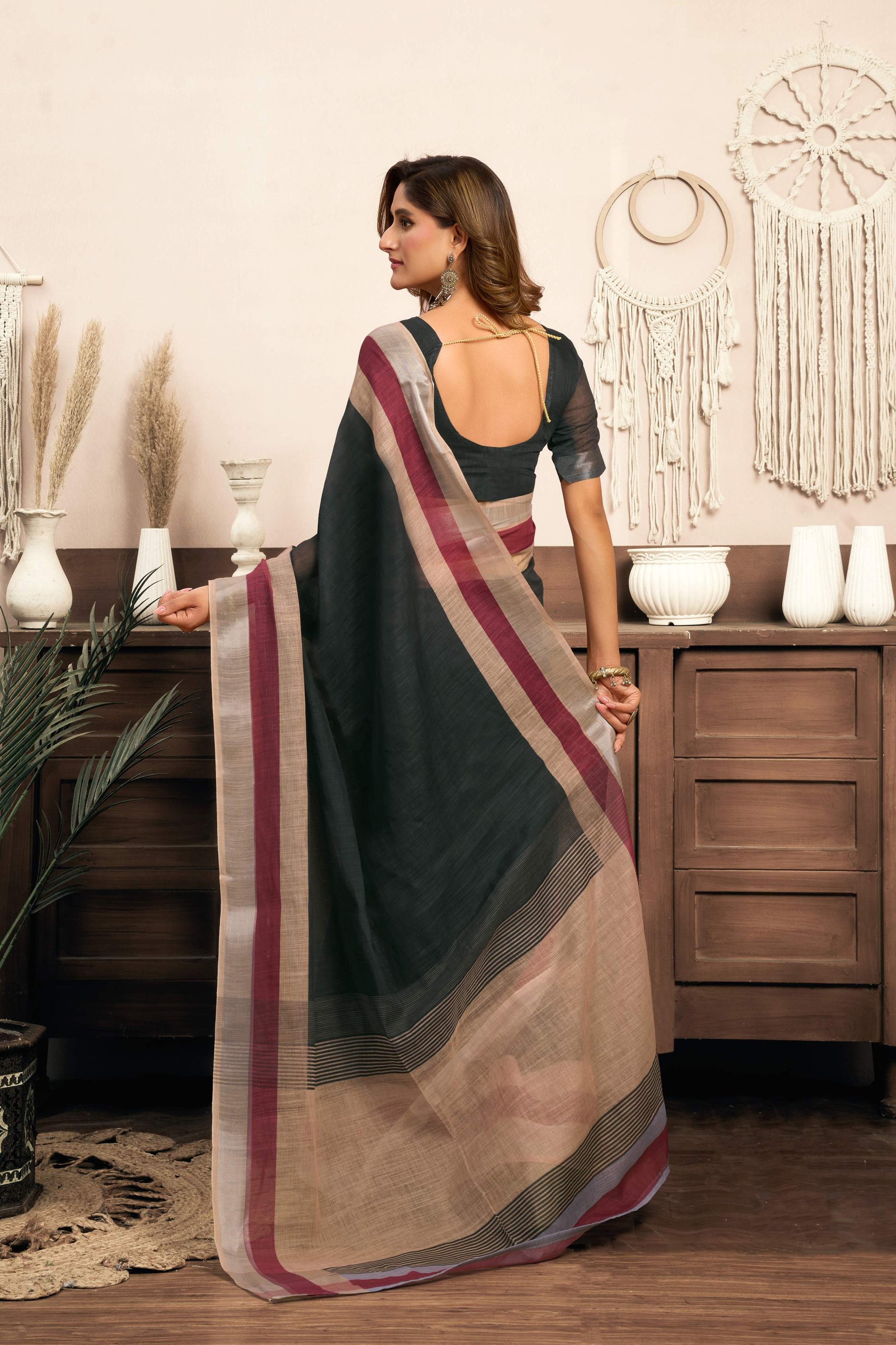 Dwija Fashion Black Party Wear Printed Linen Ready To Wear Saree With Unstitched Blouse