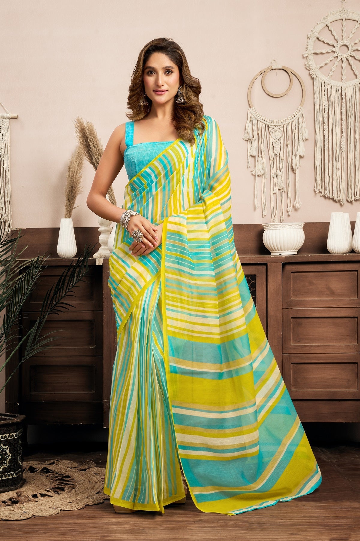 Dwija Fashion Mint Green Party Wear Printed Linen Ready To Wear Saree With Unstitched Blouse