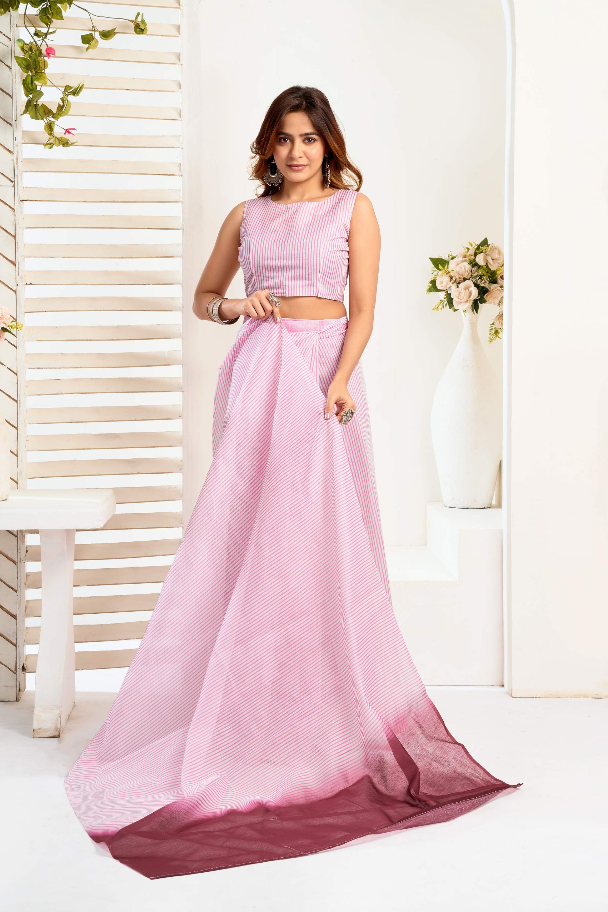 Dwija Fashion Pink Party Wear Printed Linen Ready To Wear Saree With Unstitched Blouse