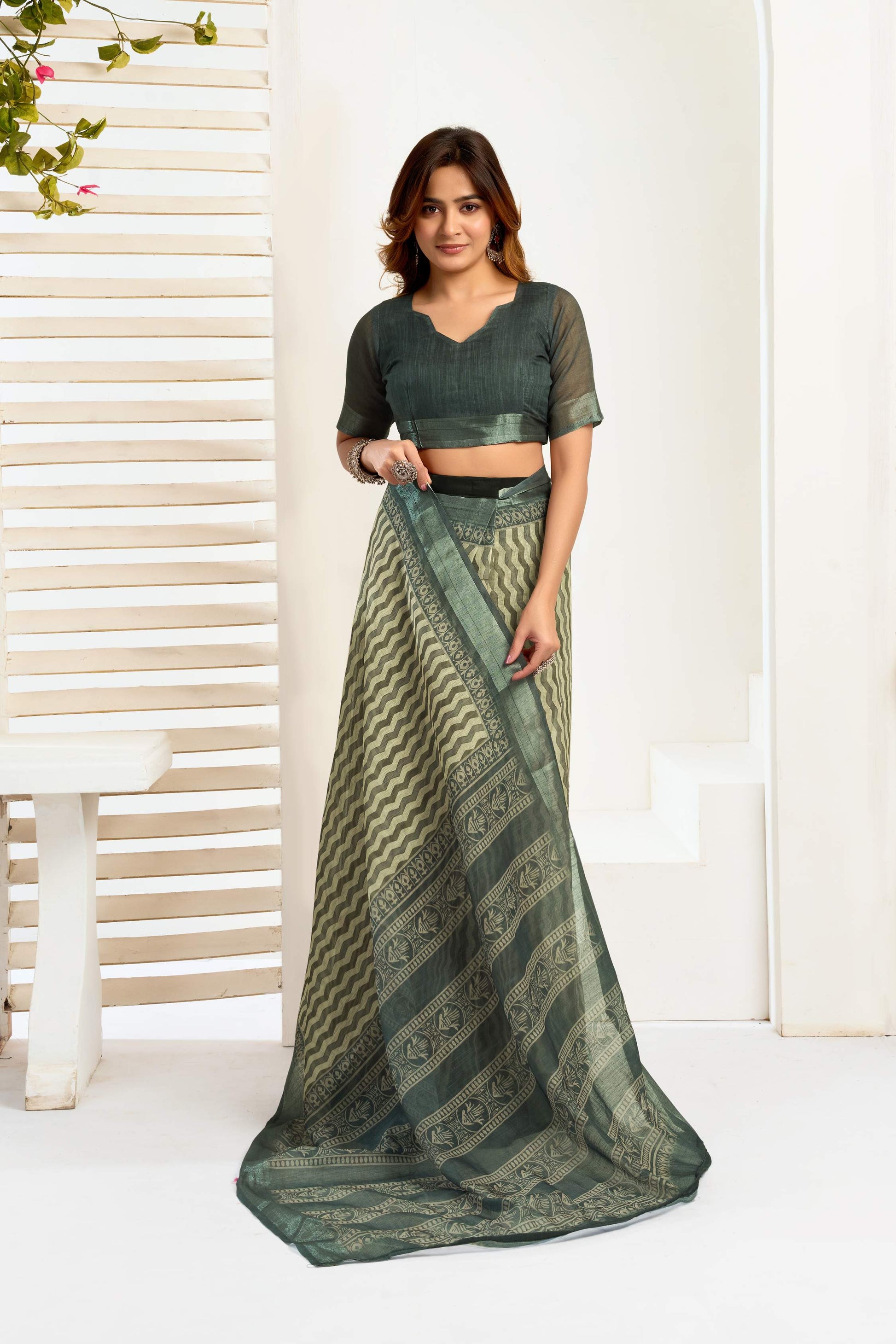 Dwija Fashion Dark Green Party Wear Printed Linen Ready To Wear Saree With Unstitched Blouse