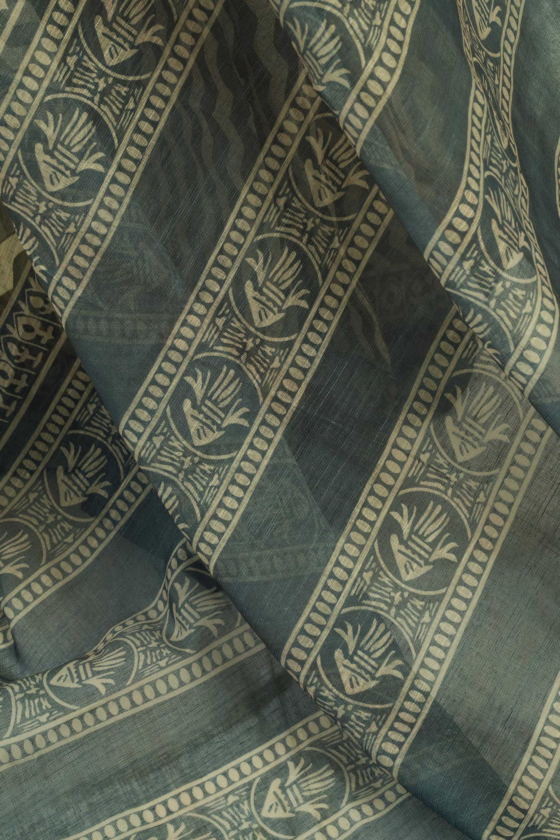 Dwija Fashion Dark Green Party Wear Printed Linen Ready To Wear Saree With Unstitched Blouse