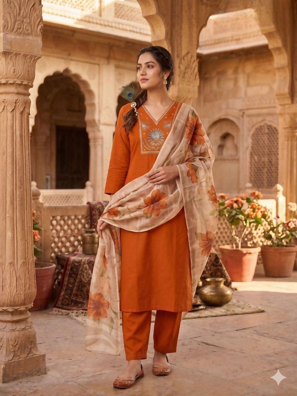 Teeya Creation New Trendy Fancy Premium Silk Fabric Kurta Set - Orange
