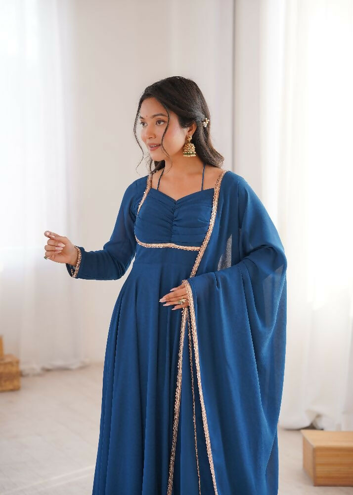 Teeya Creation Blue Faux Georgette Designer Party Wear Long Gown
