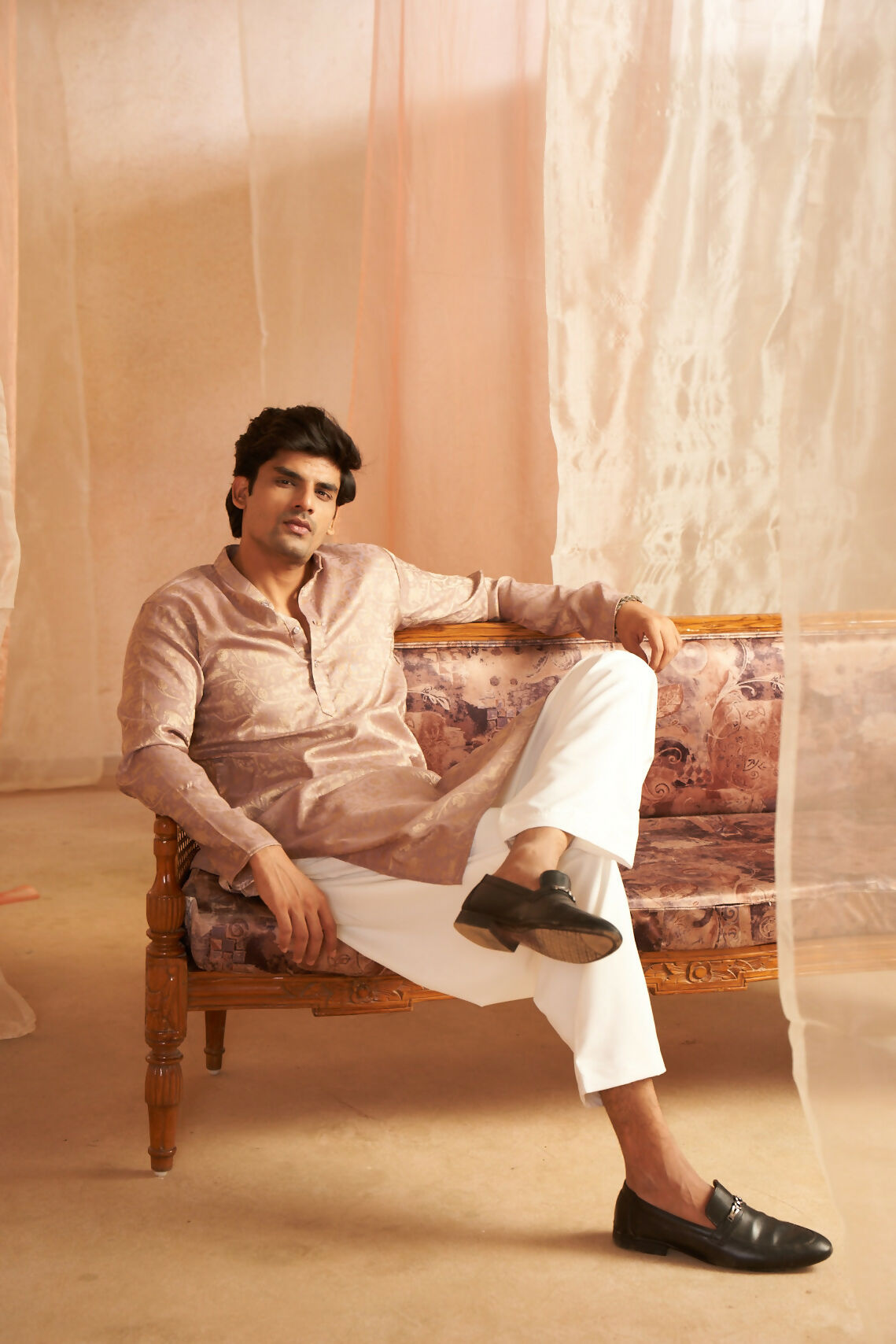 Mauve Modal Silk Wevon Designer Men's Kurta Set - Mahotsav