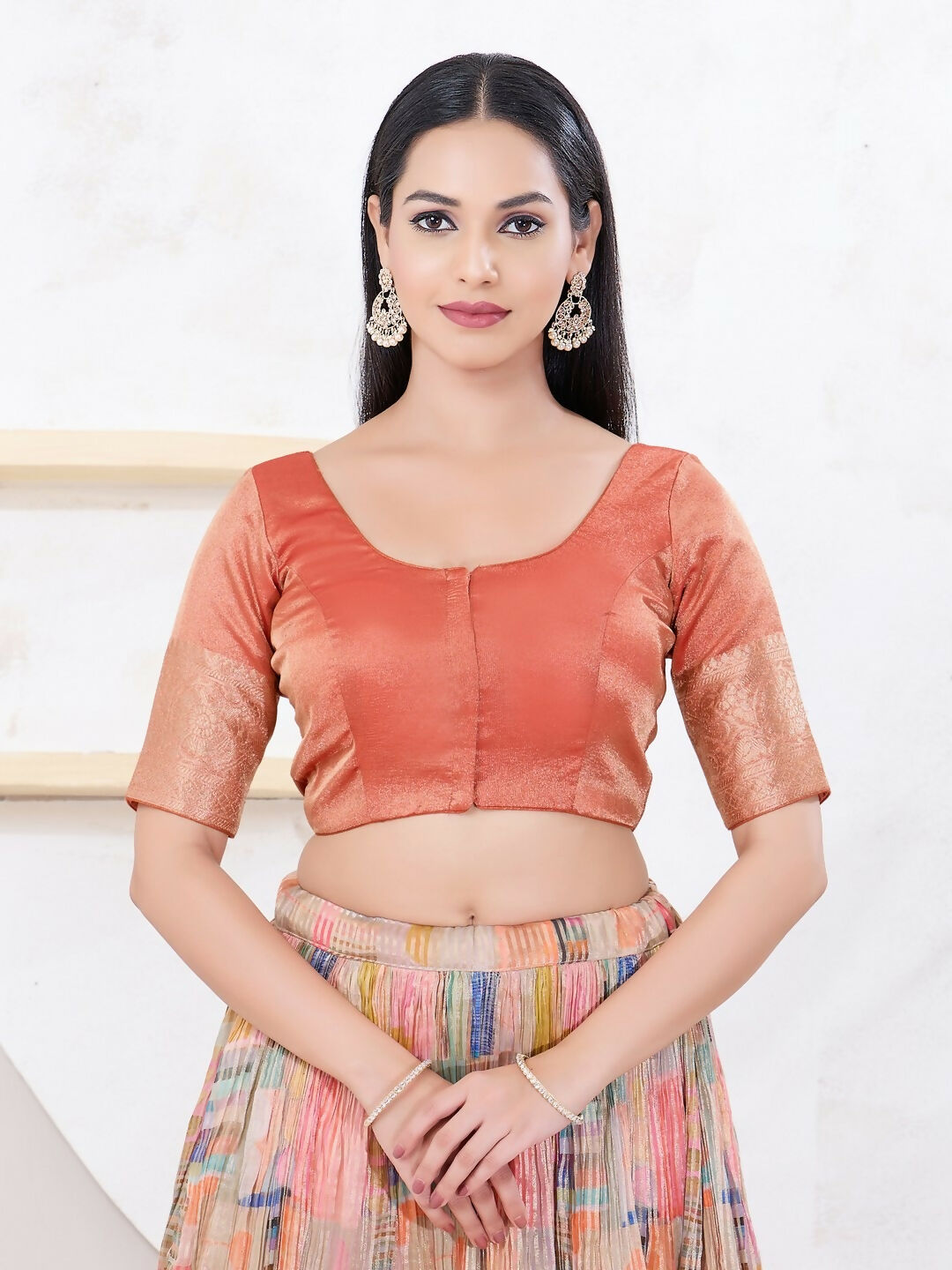 Joban Fashion Copper Brocade Elbow Sleeveless Front Open Blouse | Grab2Buy