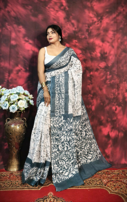 Exclusive Collection Beautiful Batique Print Black Pure Cotton Hand Print Handloom Grab2Buy With Running Blouse Piece 