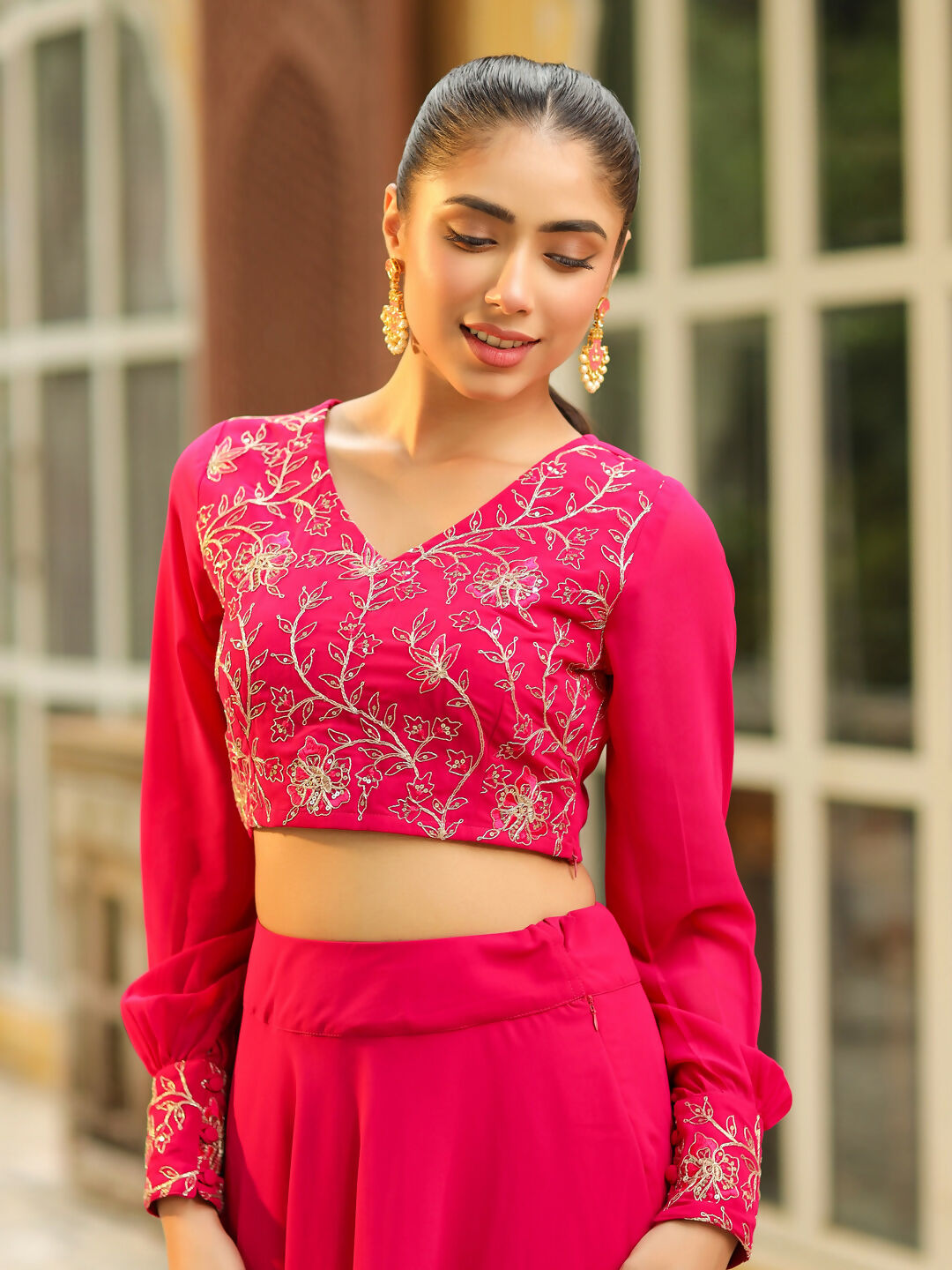 Janasya Pink Georgette Embroidered Top & Skirt 