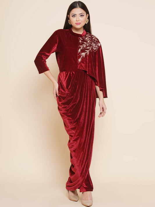 Women Republic Maroon Velvet Drape Styel Gown - Grab2buy