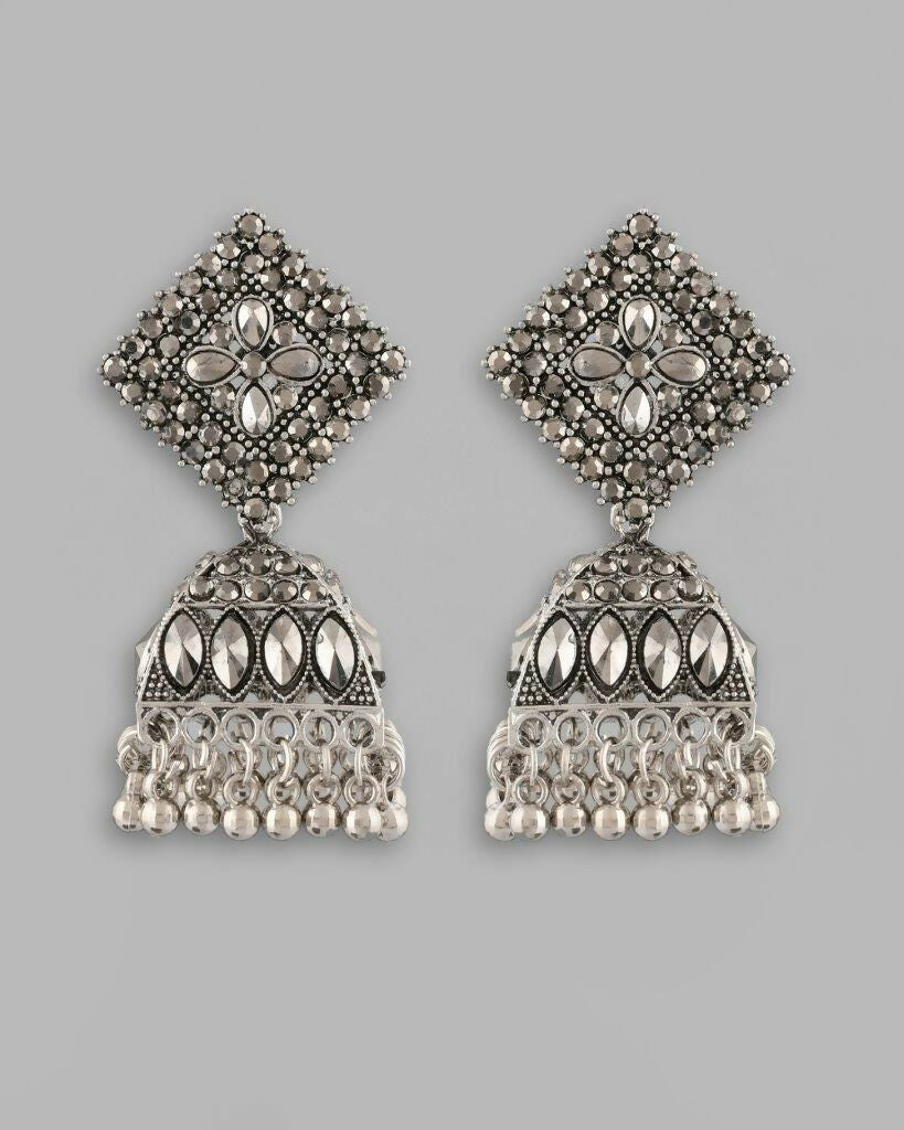 VOJ Black-Toned AD Studded Dome Shaped Jhumkas Earrings - Grab2buy