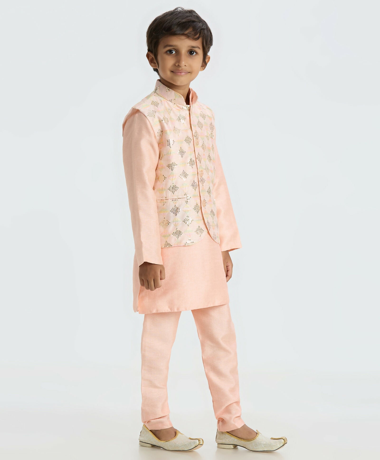Joban Fashion Kids Island Traditional with a modern touch Nehru Jacket Full Sleeves Kurta, Pyjama Set - Peach