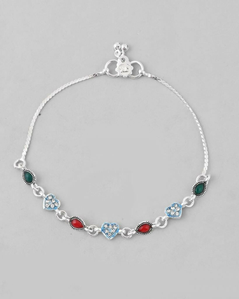 VOJ Set of 2 Silver Plated Heart Shaped Stone Studded Anklet 