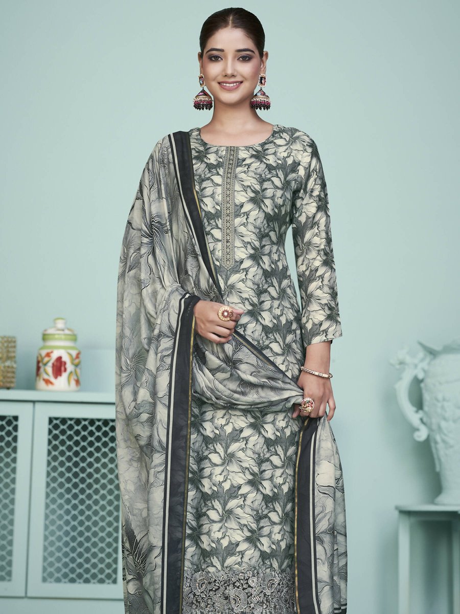 Aastha Fashion Women's Grey Muslin Digital Print with Resham Thread work Kurta with Trouser & Dupatta - Grab2buy