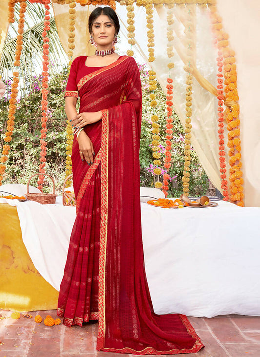 Red Georgette Foil Printed Saree with Unstitched Blouse Piece - Avika