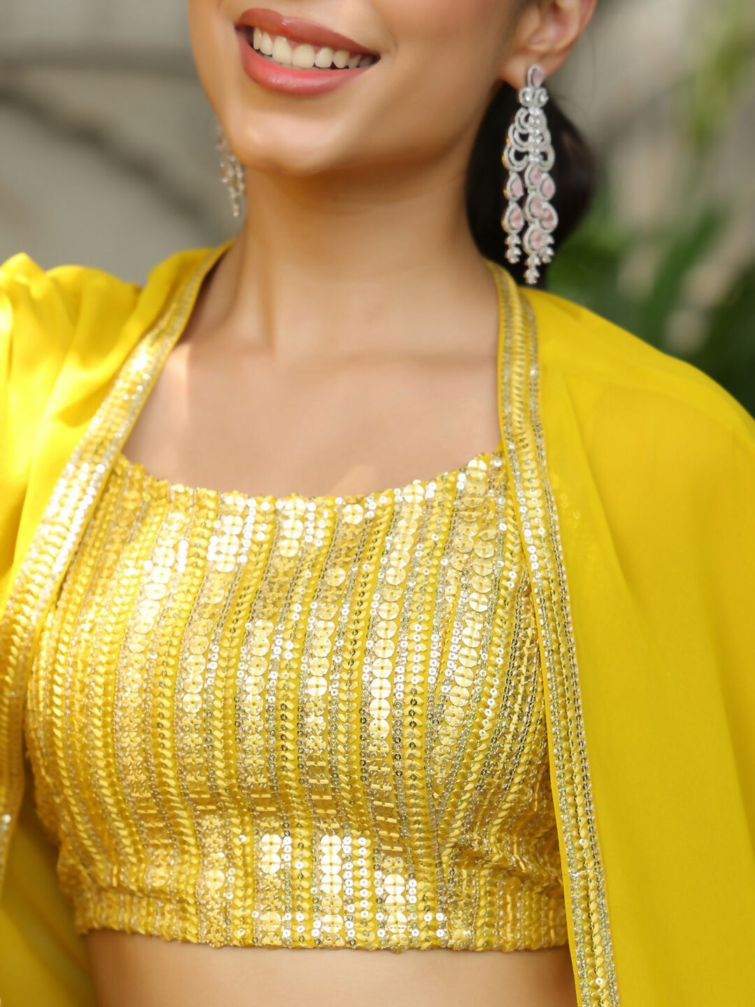 Janasya Yellow Georgette Sequined Top Bottom Cape 