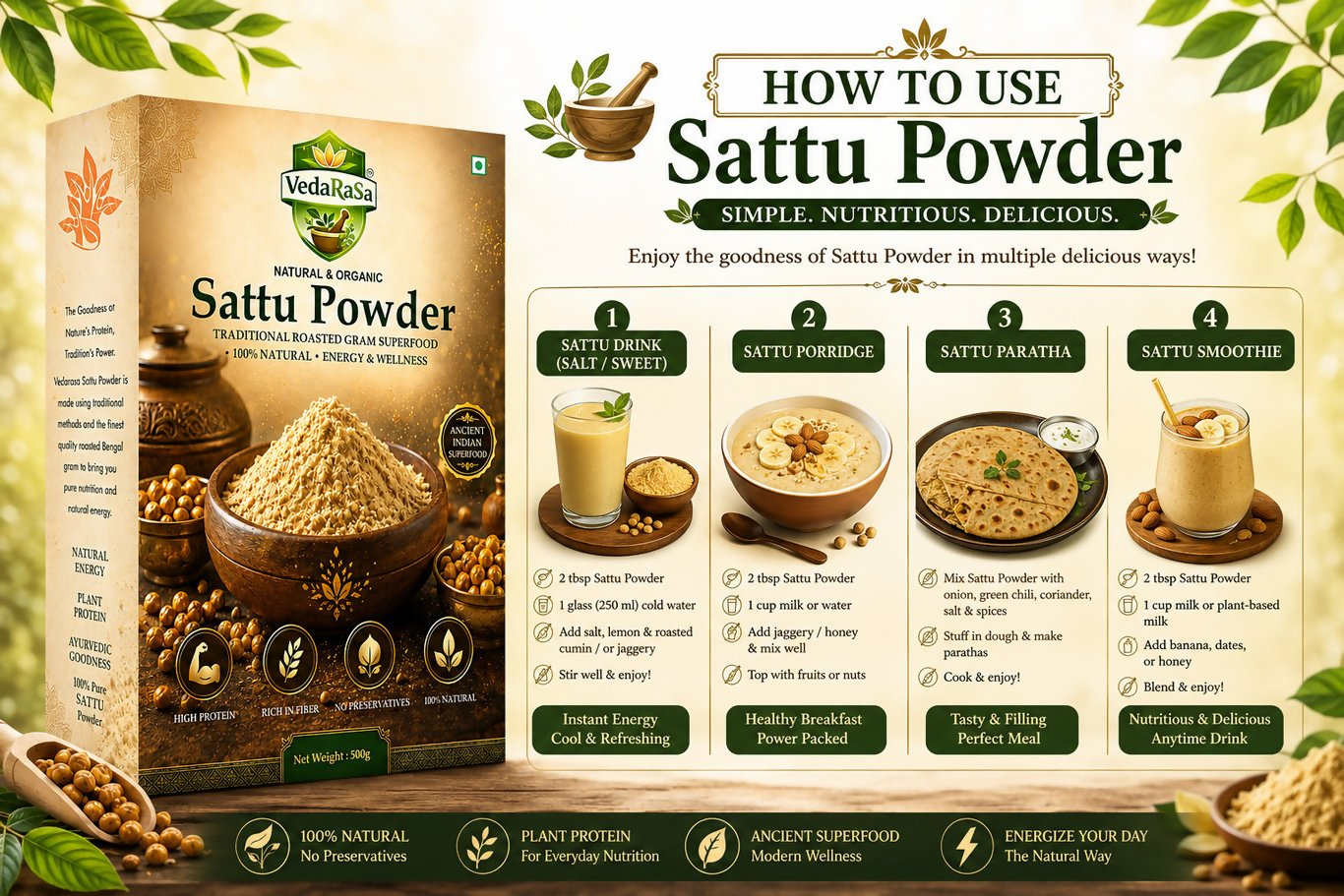 VedaRasa Premium Sattu Powder – Organic Roasted Chana Powder  Grab2Buy VedaRasa Grab2Buy