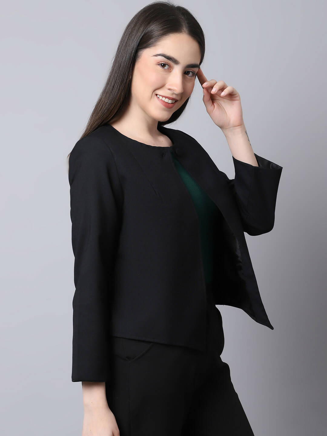 Even Apparels Black Polywool Open Front Statement Women's Jacket 