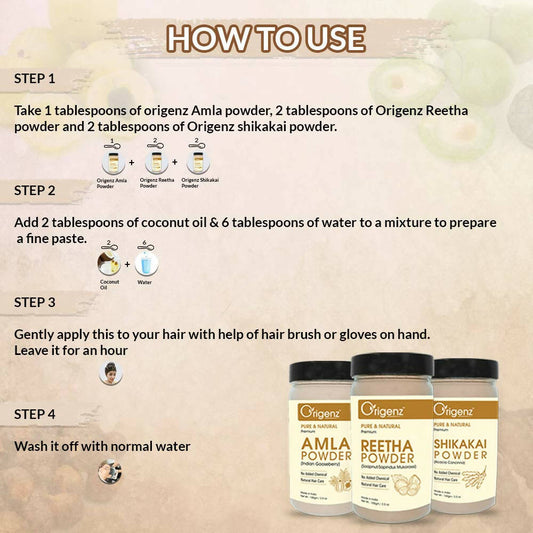 Origenz Premium Amla, Reetha, Shikakai Powder Combo For Hair Mask, Cleanser - Grab2buy