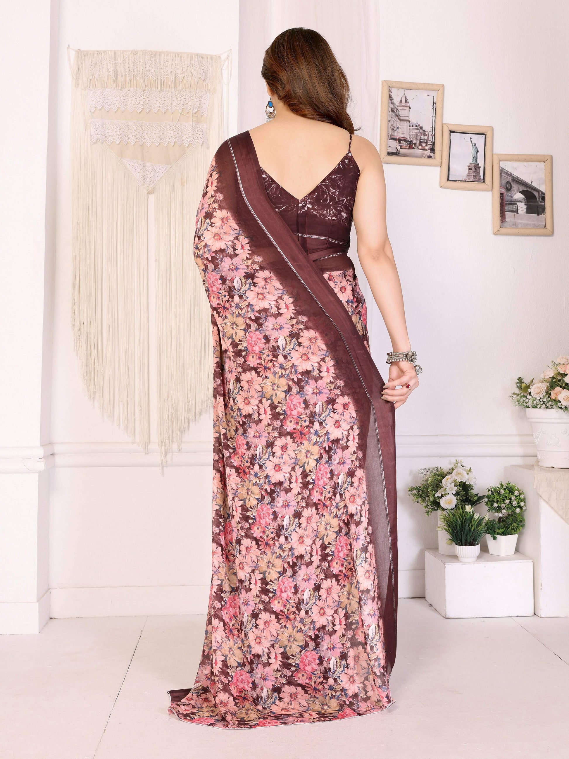 PR Fashion Maroon Bright Moss Satin Patta Printed Saree