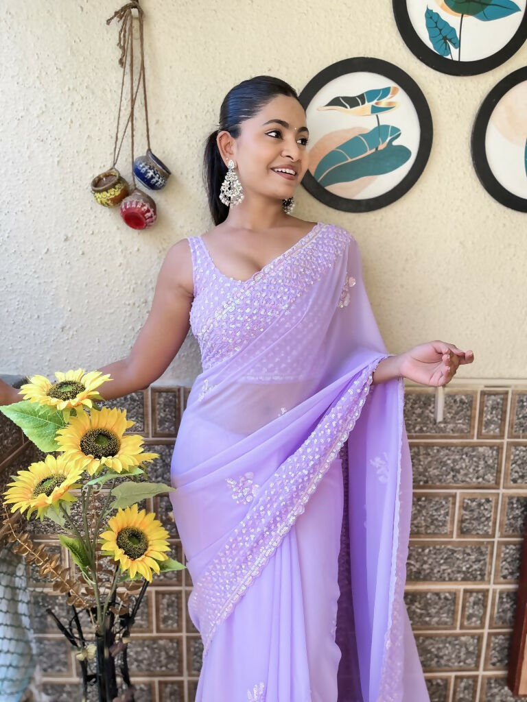 Lavender Georgette Sequence Embroidery Cut Work Saree - Saadia