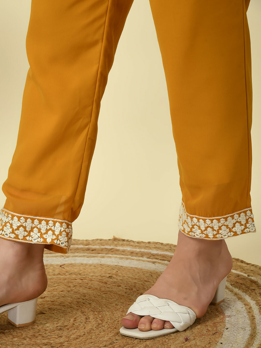 Myshka Women's Mustard Georgette Kurta & Trousers With Dupatta Party Sets