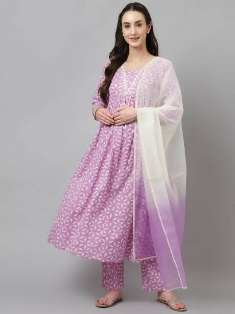 FIORRA Women's Lavender Lurex Cotton Flared Kurta Pant With Dupatta 