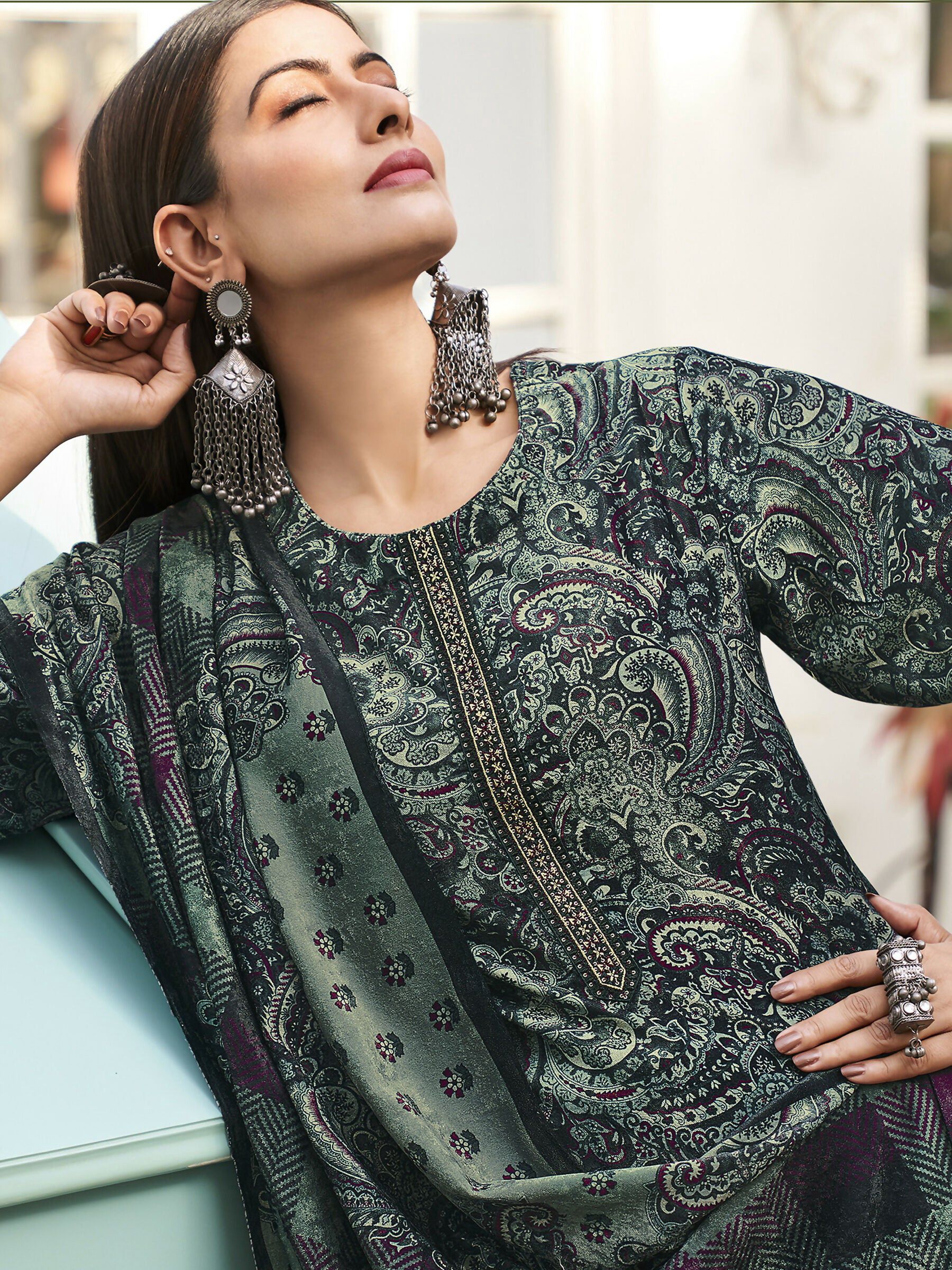 Jyoti Fashion Women's Green Velvet Digital Print with Resham Thread work Kurta with Trouser & Dupatta