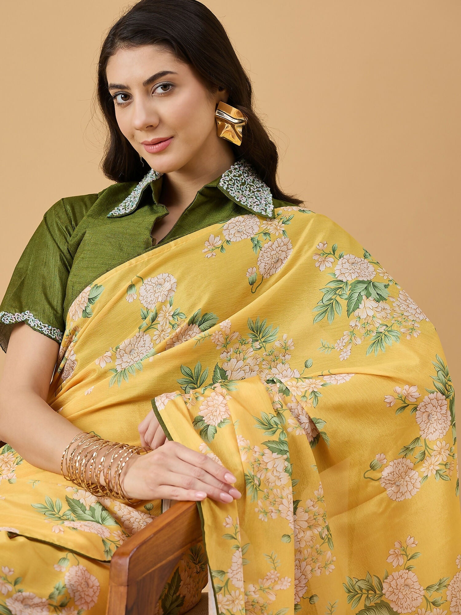 Mustard Chiffon Floral Printed Saree with Stitched Blouse - Dharavi