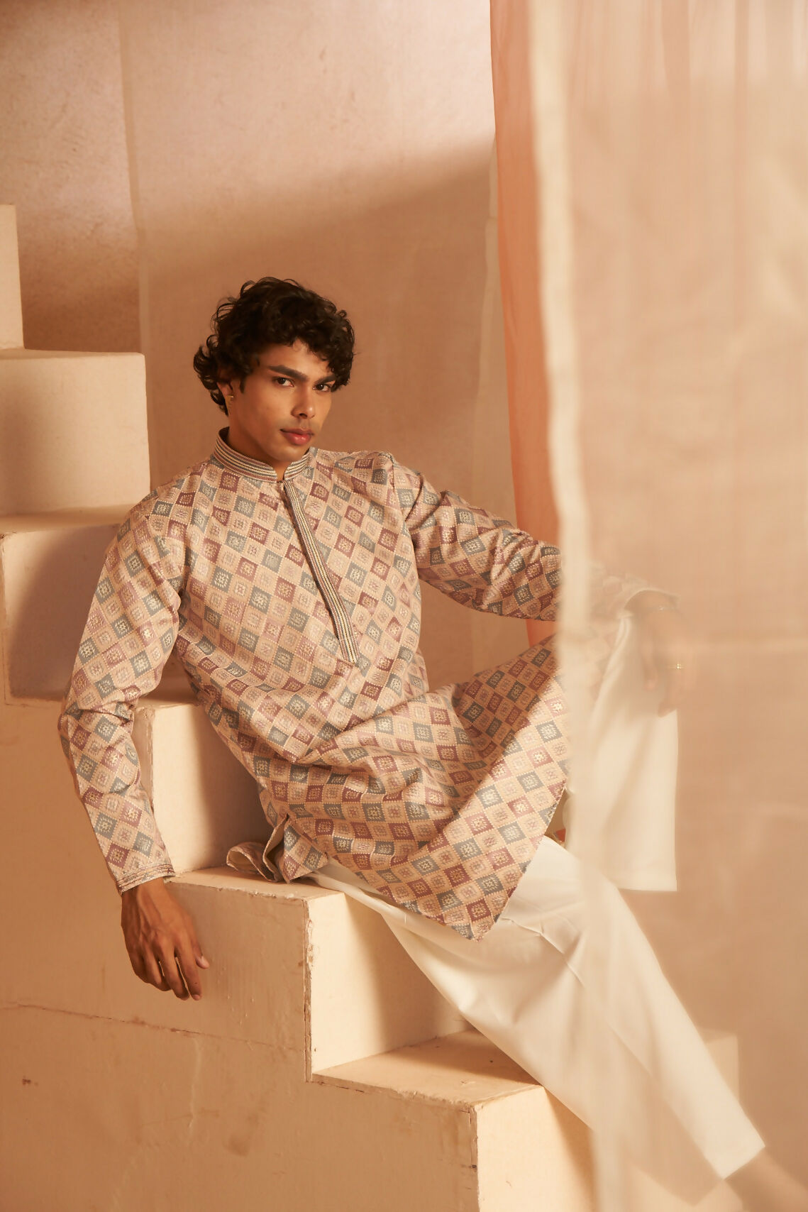 Cream Viscose Wevon Designer Men's Kurta Set - Mahotsav