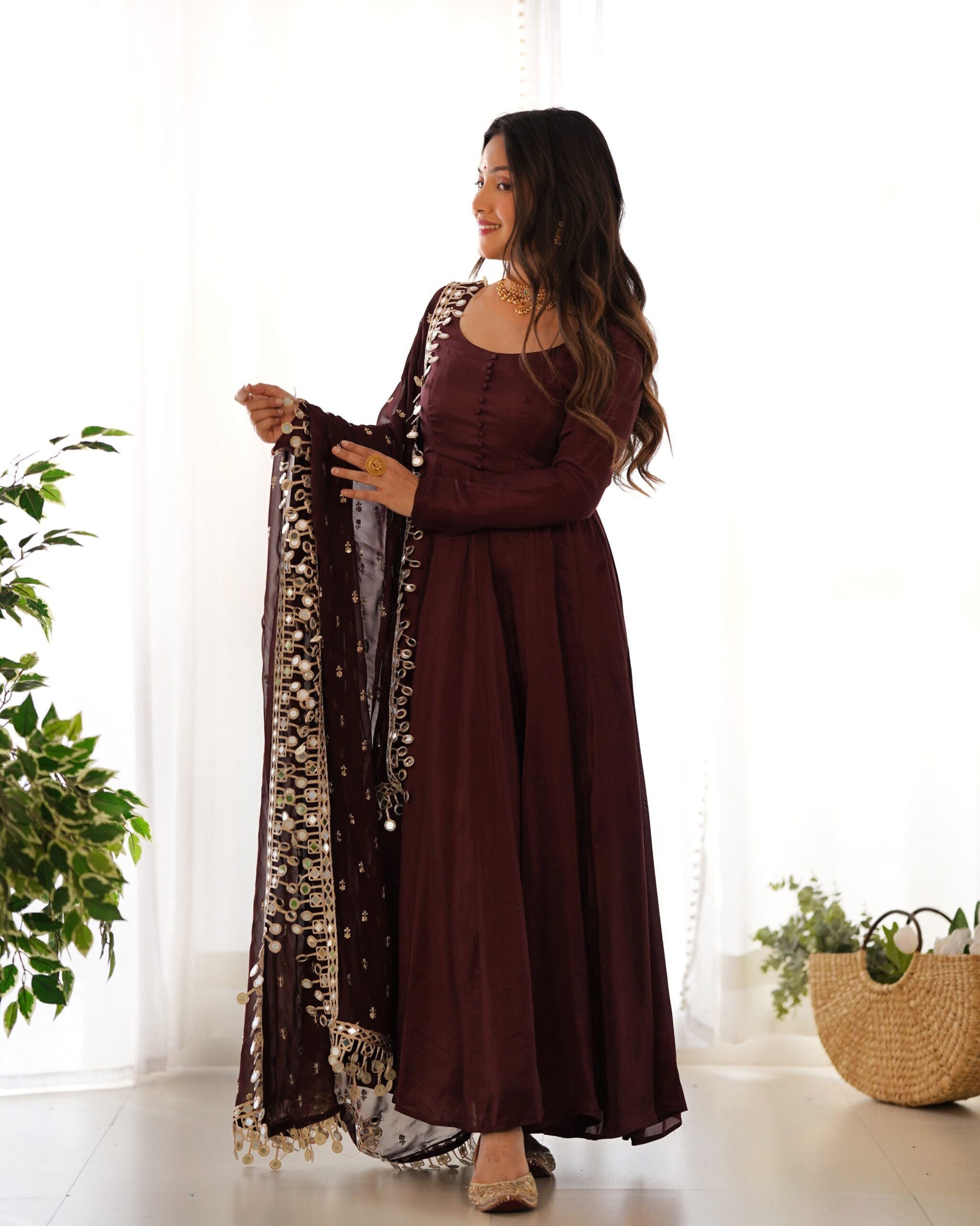 Teeya Creation Dark Coffee Color Roma Silk Chnaderi Real Mirror Work Fully Stitched Gown