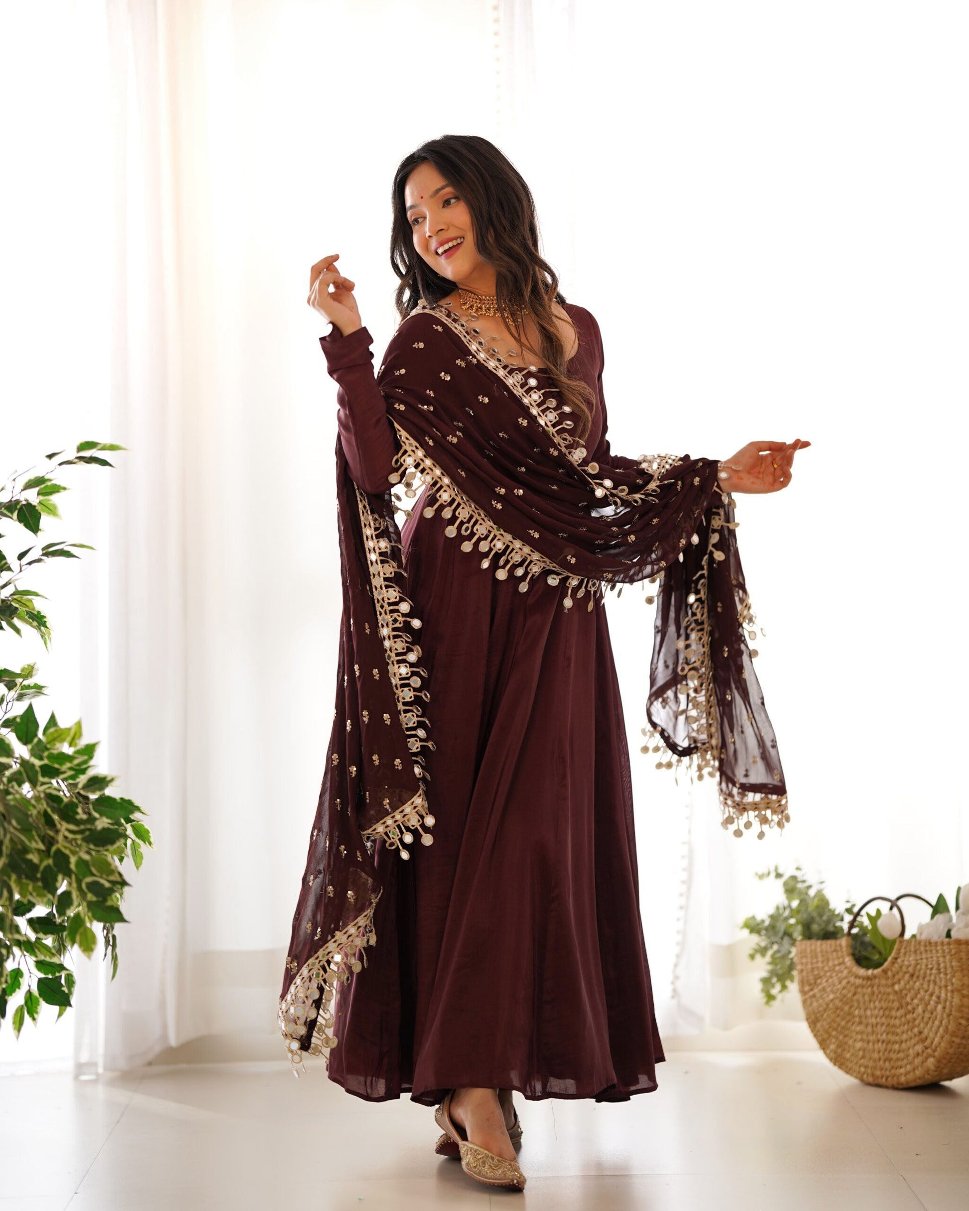 Teeya Creation Dark Coffee Color Roma Silk Chnaderi Real Mirror Work Fully Stitched Gown