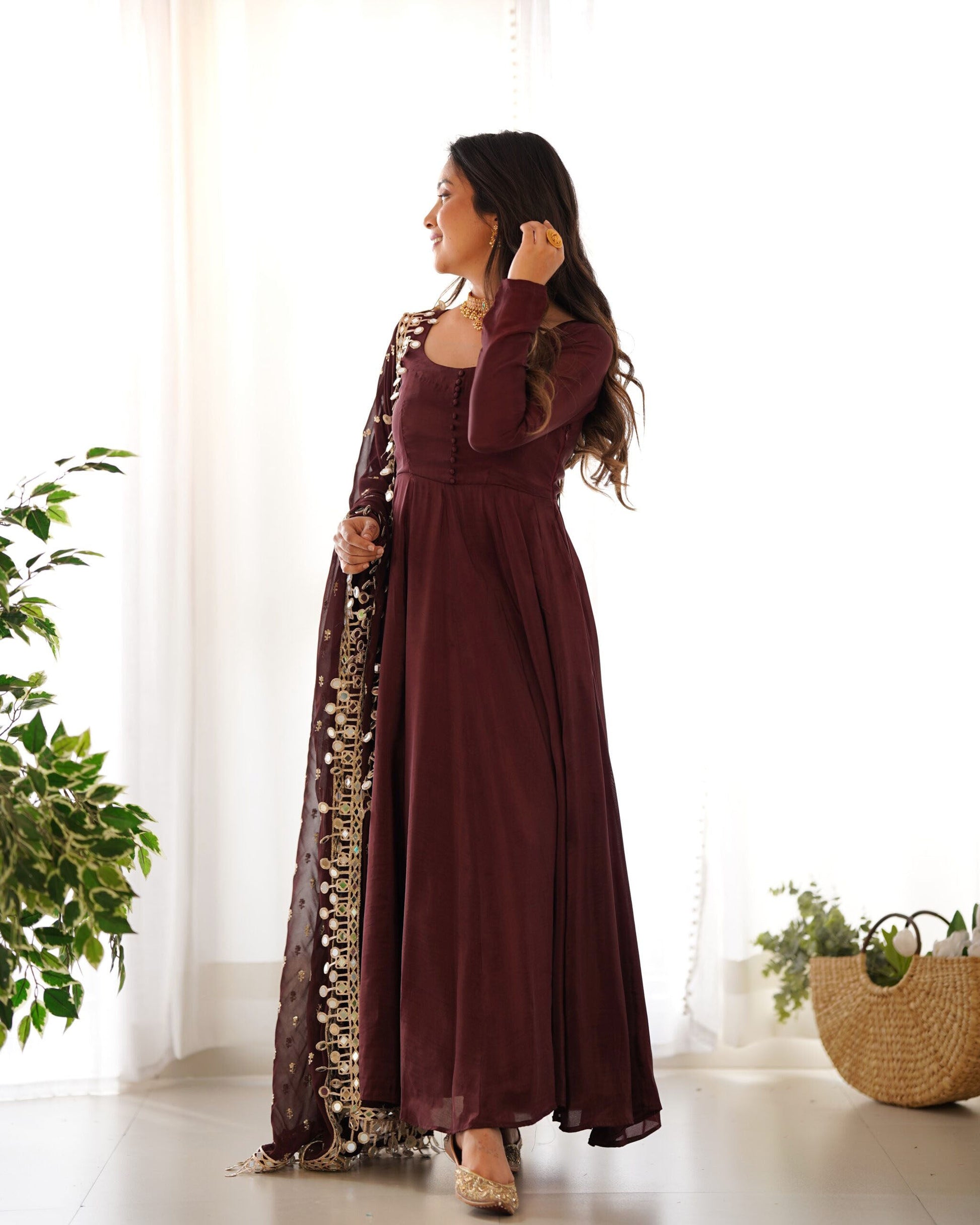 Teeya Creation Dark Coffee Color Roma Silk Chnaderi Real Mirror Work Fully Stitched Gown