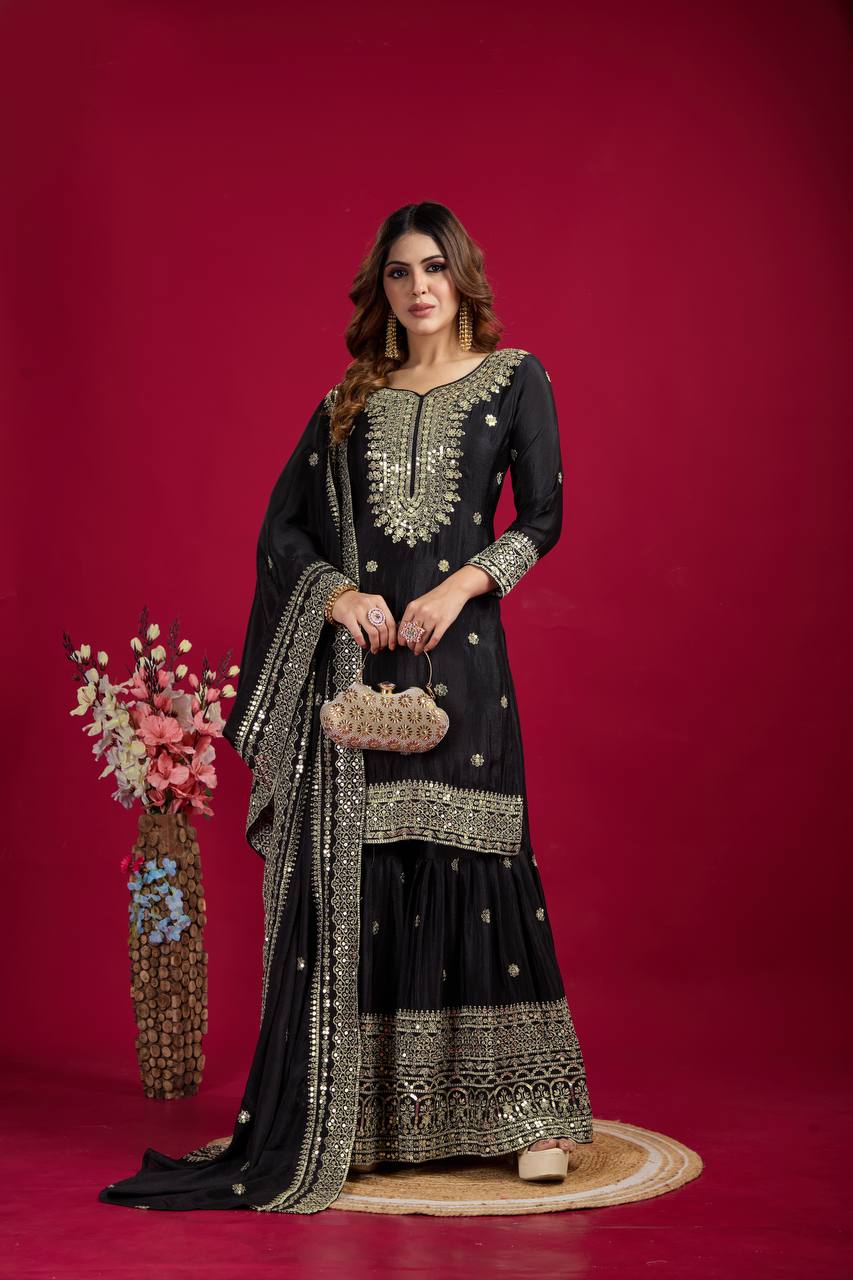Lehenga Mart Chinnon Silk Embroidery Sequence Work Top-Palazzo And Dupatta Set