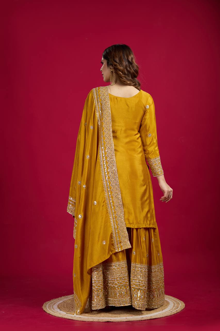 Lehenga Mart Chinnon Silk Embroidery Sequence Work Top-Palazzo And Dupatta Set