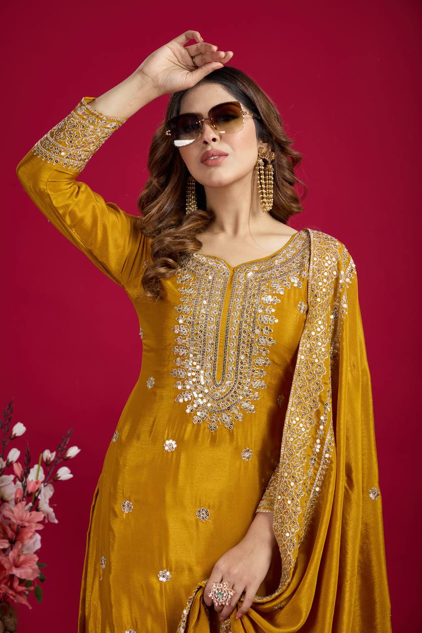 Lehenga Mart Chinnon Silk Embroidery Sequence Work Top-Palazzo And Dupatta Set