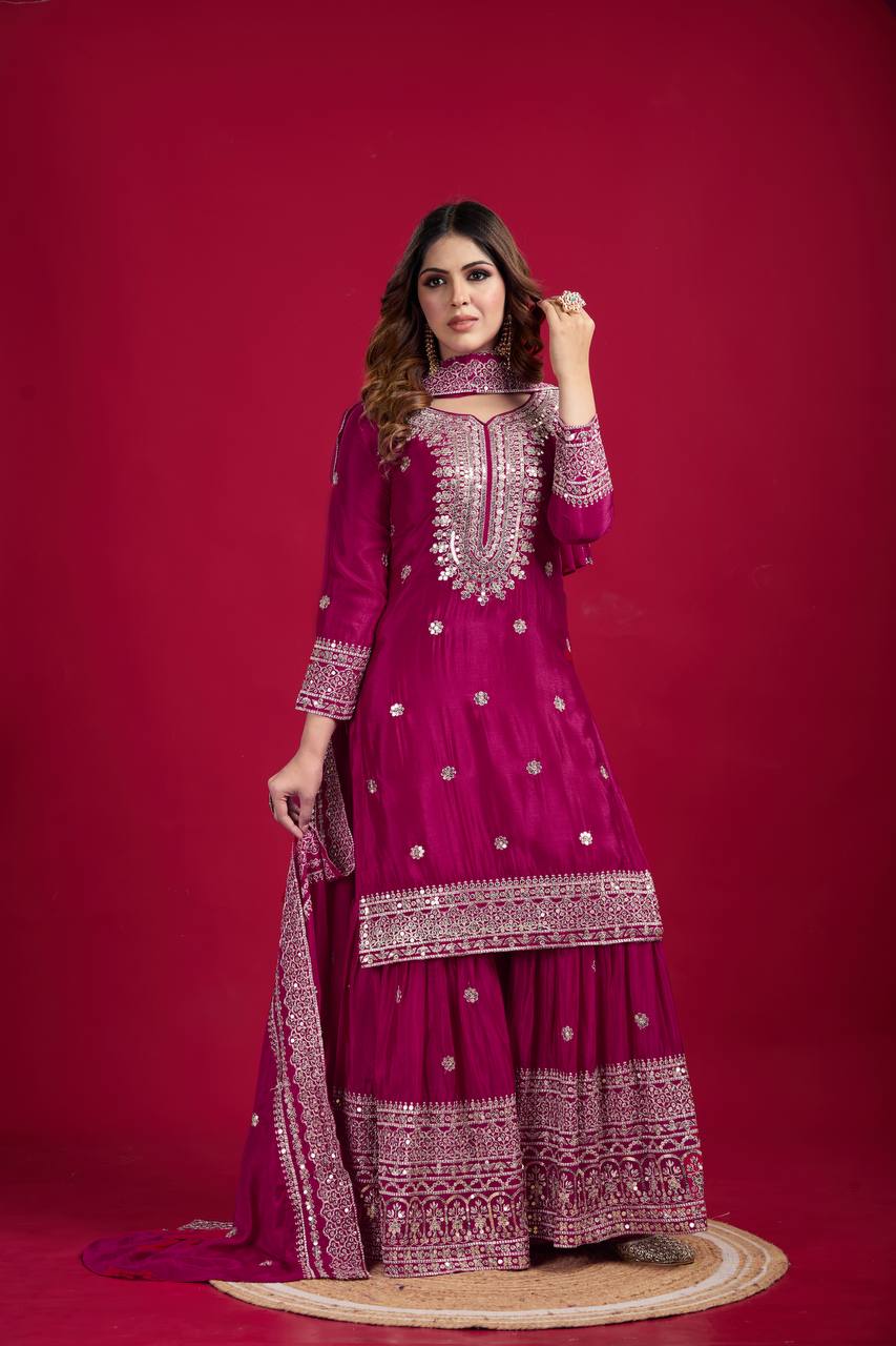 Lehenga Mart Chinnon Silk Embroidery Sequence Work Top-Palazzo And Dupatta Set