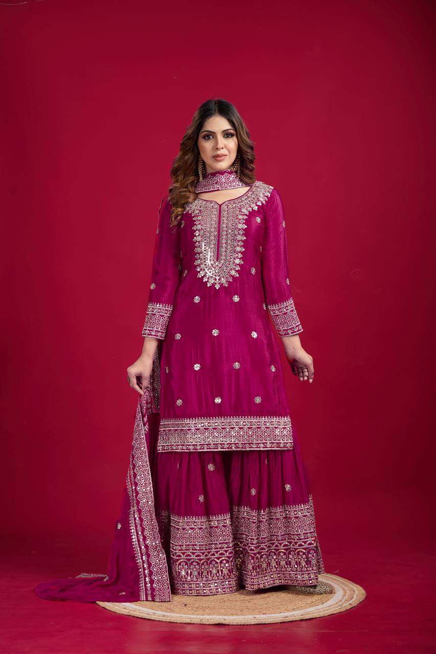 Lehenga Mart Chinnon Silk Embroidery Sequence Work Top-Palazzo And Dupatta Set