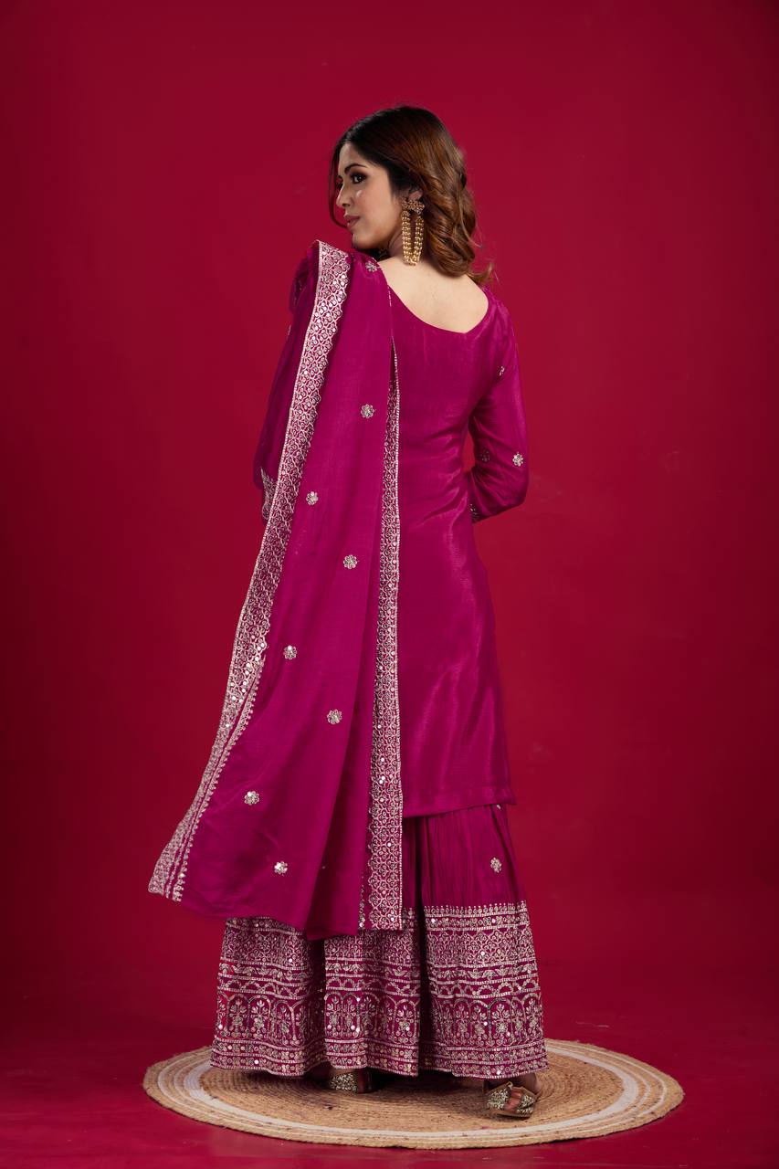 Lehenga Mart Chinnon Silk Embroidery Sequence Work Top-Palazzo And Dupatta Set