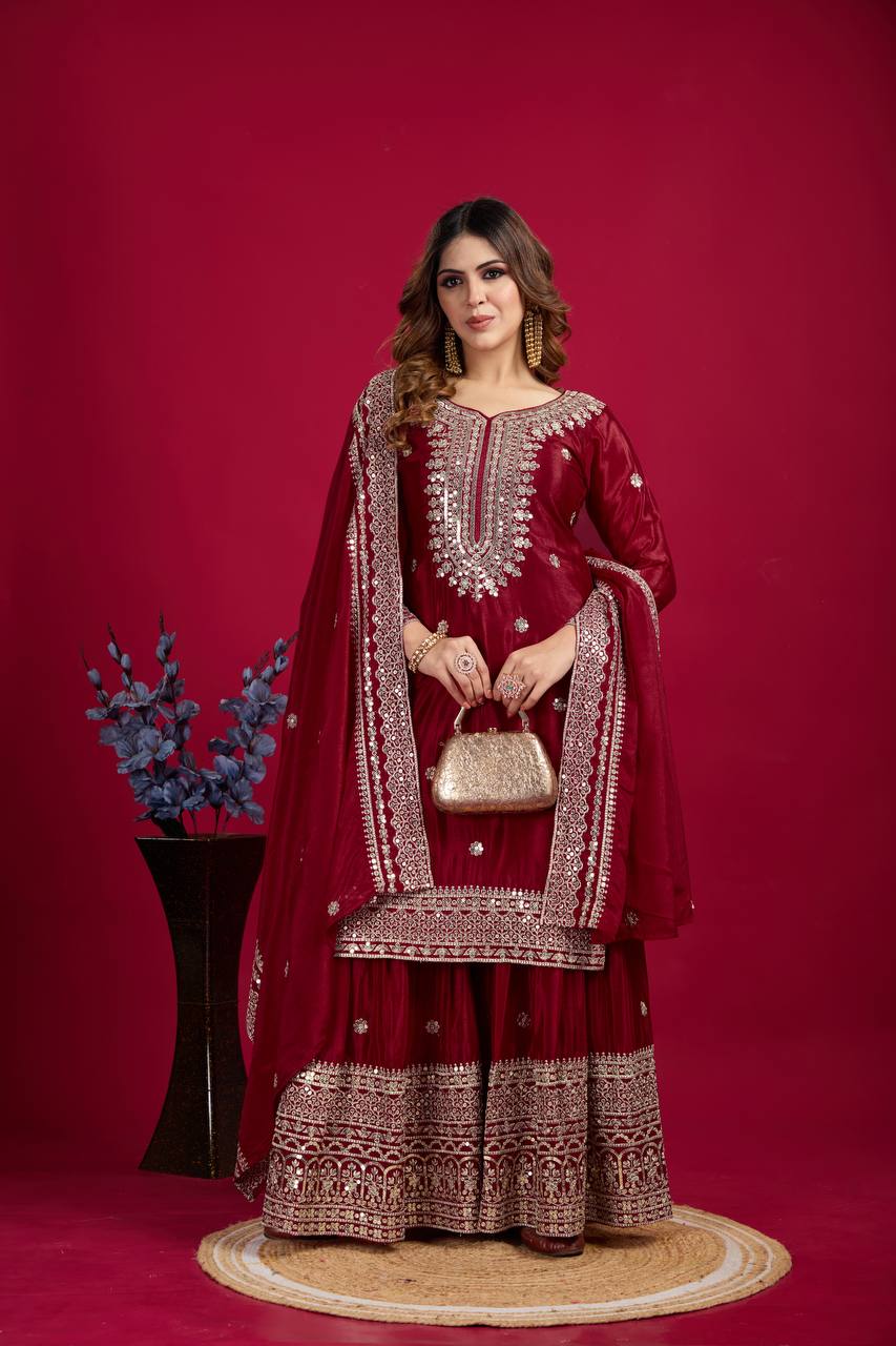 Lehenga Mart Chinnon Silk Embroidery Sequence Work Top-Palazzo And Dupatta Set