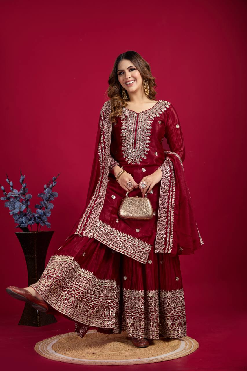 Lehenga Mart Chinnon Silk Embroidery Sequence Work Top-Palazzo And Dupatta Set