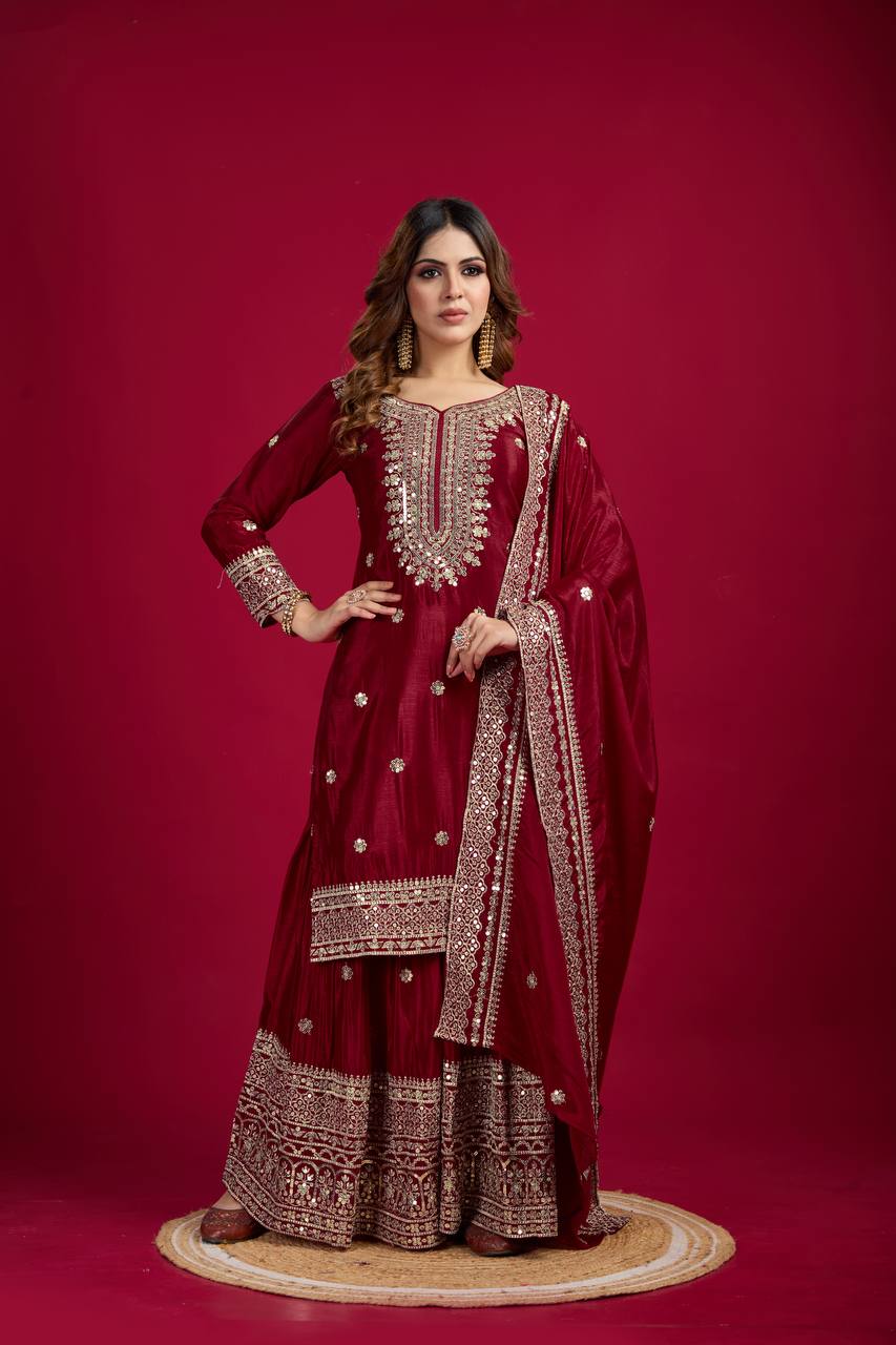 Lehenga Mart Chinnon Silk Embroidery Sequence Work Top-Palazzo And Dupatta Set