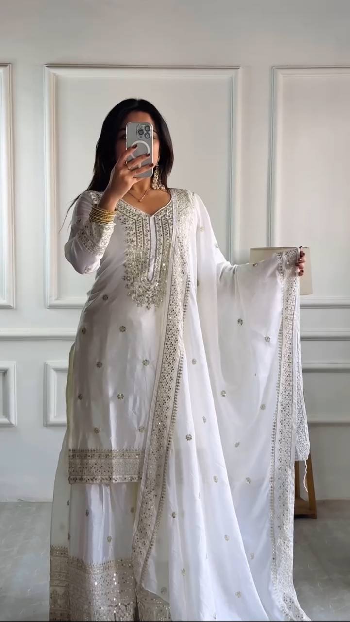 Lehenga Mart Chinon Silk Embroidery Sequence Work Top-Palazzo And Dupatta Set - White