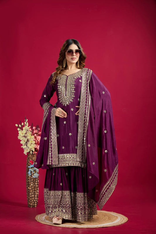 Lehenga Mart Chinnon Silk Embroidery Sequence Work Top-Palazzo And Dupatta Set