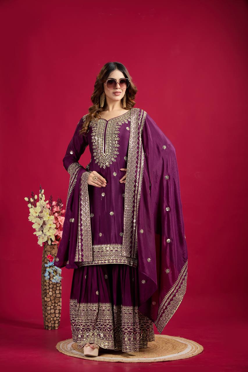 Lehenga Mart Chinon Silk Embroidery Sequence Work Top-Palazzo And Dupatta Set - Wine