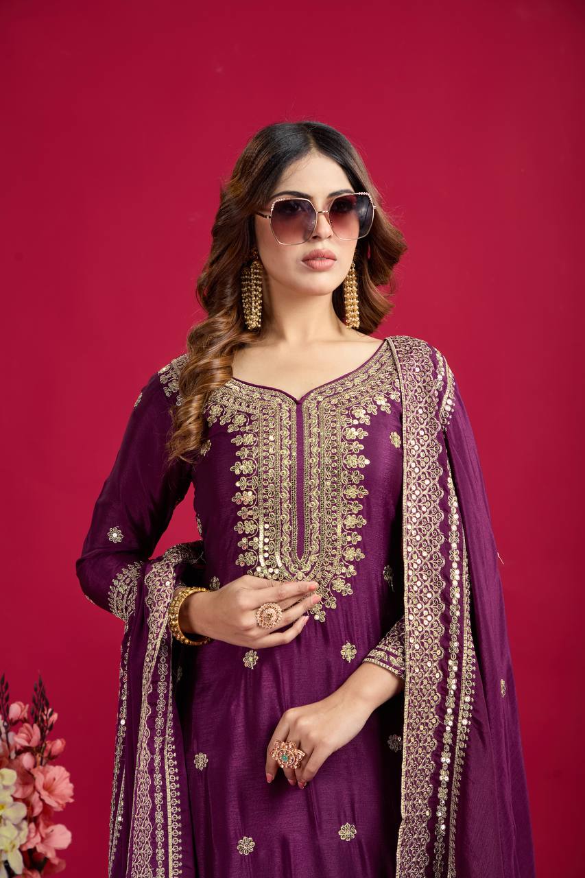 Lehenga Mart Chinnon Silk Embroidery Sequence Work Top-Palazzo And Dupatta Set