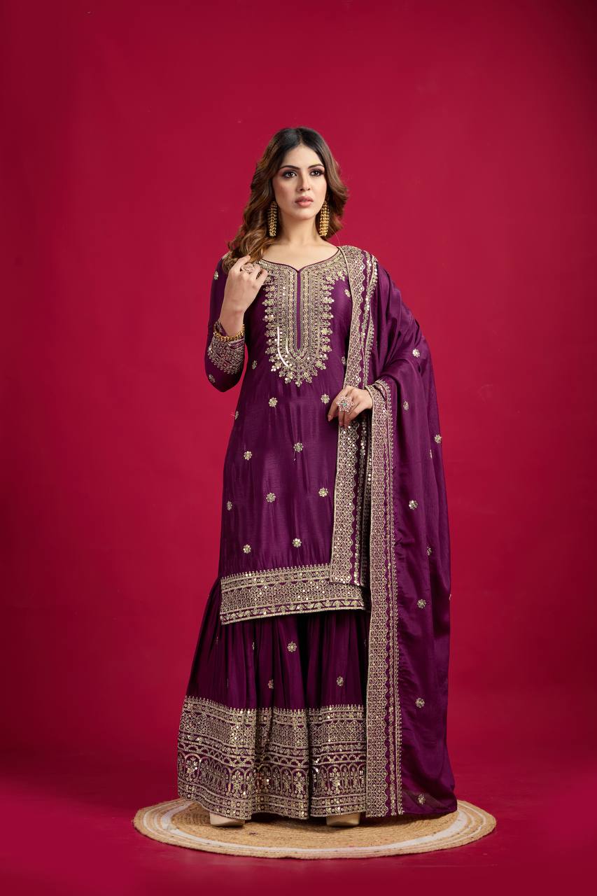 Lehenga Mart Chinnon Silk Embroidery Sequence Work Top-Palazzo And Dupatta Set