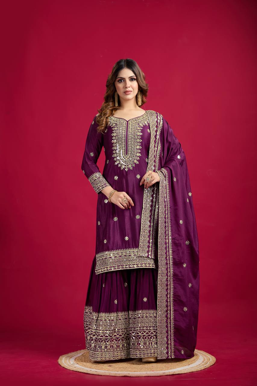 Lehenga Mart Chinnon Silk Embroidery Sequence Work Top-Palazzo And Dupatta Set