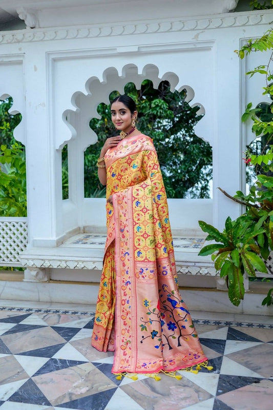 Aastha Fashion Yellow Woven Paithani Silk Saree with Blouse - Grab2buy