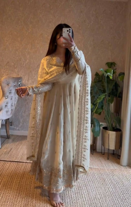Teeya Creation White Fendy Silk Designer Heavy Work Wedding Wear Long Gown