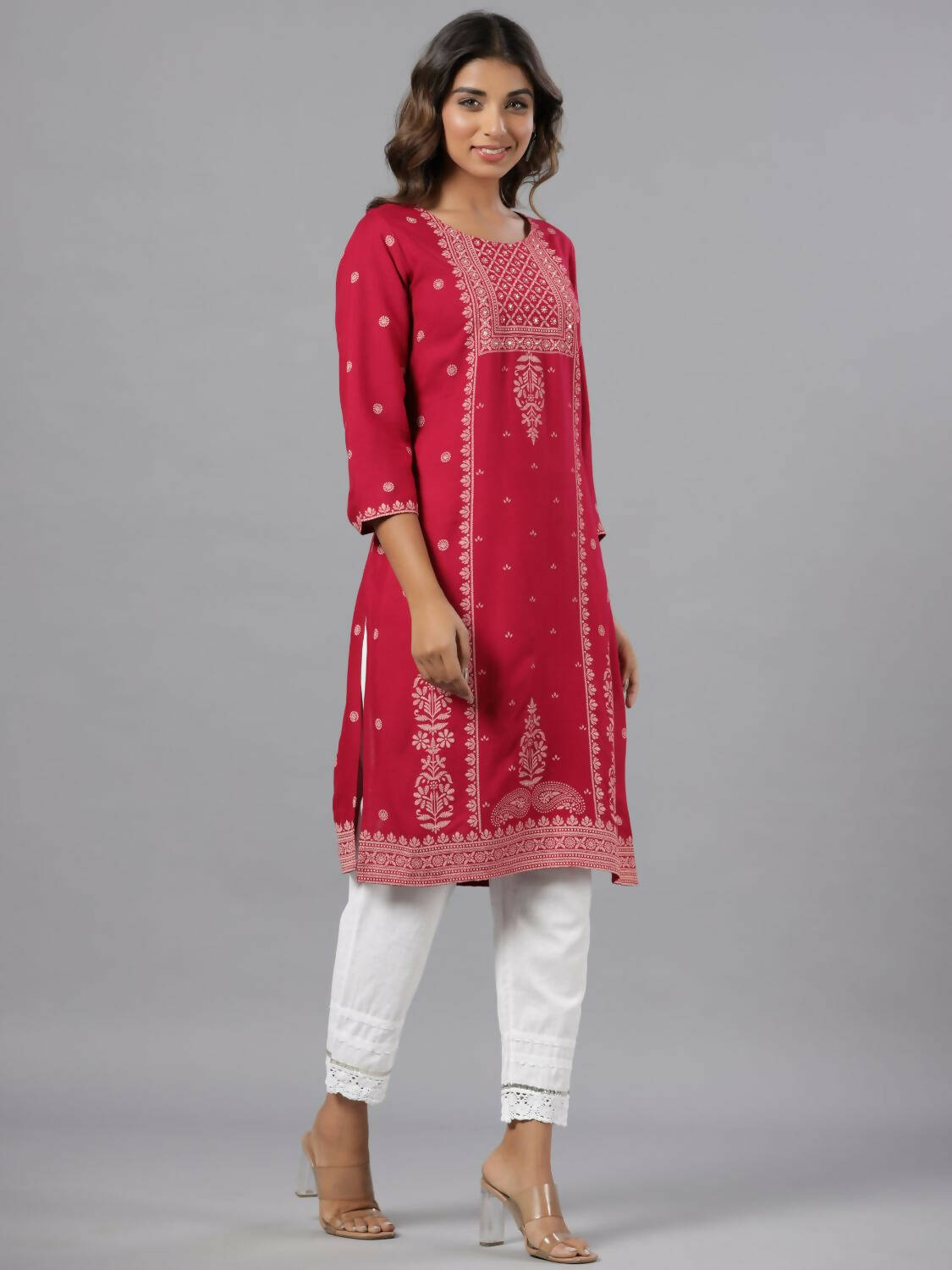 Juniper Women Fuchsia Rayon Printed Knee Length Straight Kurta